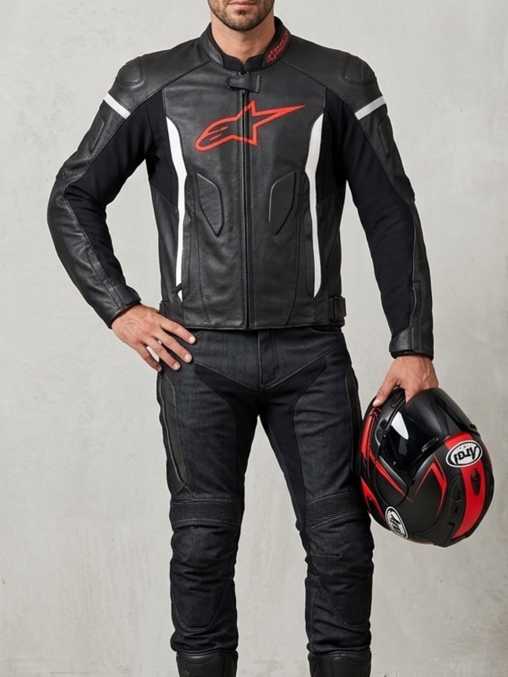 Alpinestars Black Leather Motorcycle Jacket with White Panels and Red Logo
